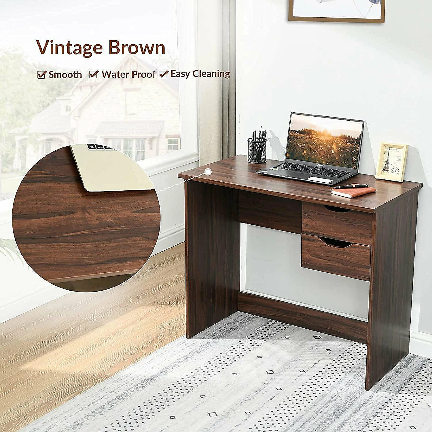 Promo ๐งจ Coavas Brown Computer Desk Writing Study Table with 2 Side Drawers Classic Home Office Laptop Desk Brown Wood Notebook Table 35 x 18 x 29 Inches ๐ 4 Promo ๐งจ Coavas Brown Computer Desk Writing Study Table with 2 Side Drawers Classic Home Office Laptop Desk Brown Wood Notebook Table 35 x 18 x 29 Inches ๐ - Image 2