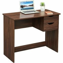 Promo ๐งจ Coavas Brown Computer Desk Writing Study Table with 2 Side Drawers Classic Home Office Laptop Desk Brown Wood Notebook Table 35 x 18 x 29 Inches ๐