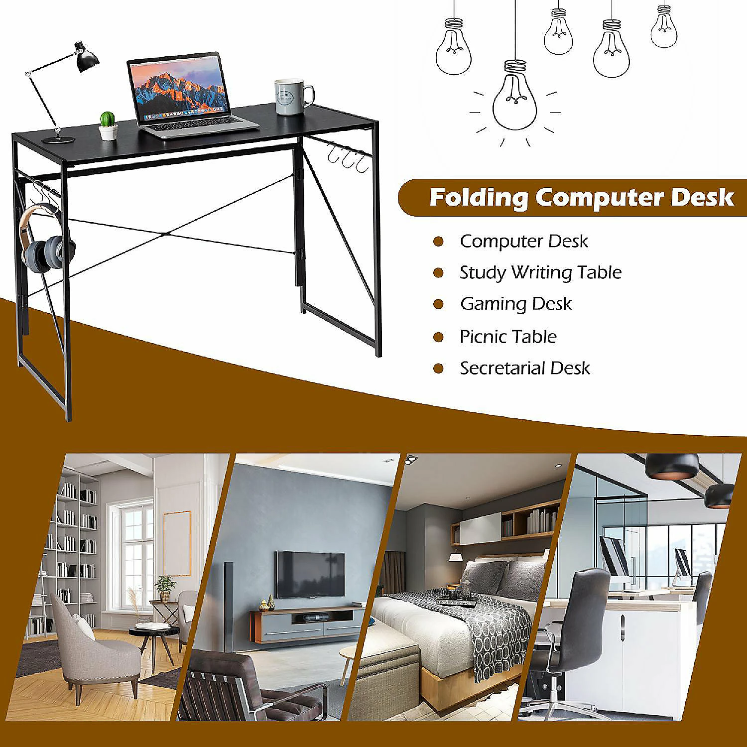 Discount ๐ Costway Folding Computer Desk Writing Study Table w/6 Hooks Home Office Black ๐ 6 Discount ๐ Costway Folding Computer Desk Writing Study Table w/6 Hooks Home Office Black ๐ - Image 4
