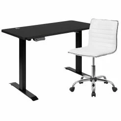 Hot Sale 🤩 Emma + Oliver 48" Wide Black Electric Adjustable Standing Desk & White Ribbed Office Chair 👍