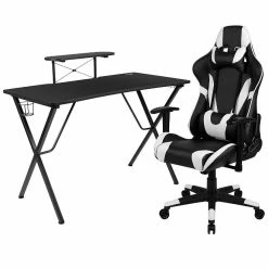 Best Sale 🔥 Emma + Oliver Black Gaming Desk & Chair Set with Headphone Hook, and Monitor Stand 💯