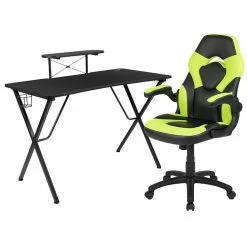 Budget 💯 Emma + Oliver Black/Green Gaming Desk Set with Headphone Hook, and Monitor Stand 🥰