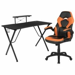 Hot Sale ๐ฅ Emma + Oliver Black/Orange Gaming Desk Set with Headphone Hook, and Monitor Stand ๐