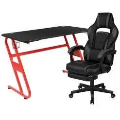 Hot Sale โ Emma + Oliver Gaming Bundle-Cup/Headphone Desk & Black Reclining Footrest Chair ๐