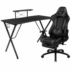 Budget 🛒 Emma + Oliver Gaming Bundle-Cup/Headphone Desk & Gray Reclining Footrest Chair 🎉