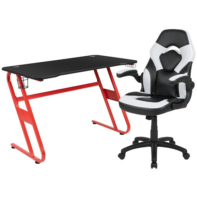 Hot Sale ๐ Emma + Oliver Gaming Bundle-Red Desk, Cup Holder, Headphone Hook and White Chair โค๏ธ 3 Hot Sale ๐ Emma + Oliver Gaming Bundle-Red Desk, Cup Holder, Headphone Hook and White Chair โค๏ธ