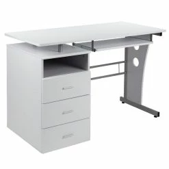 Best Sale 🥰 Emma + Oliver White Desk with Three Drawer Single Pedestal and Pull-Out Keyboard Tray 👏