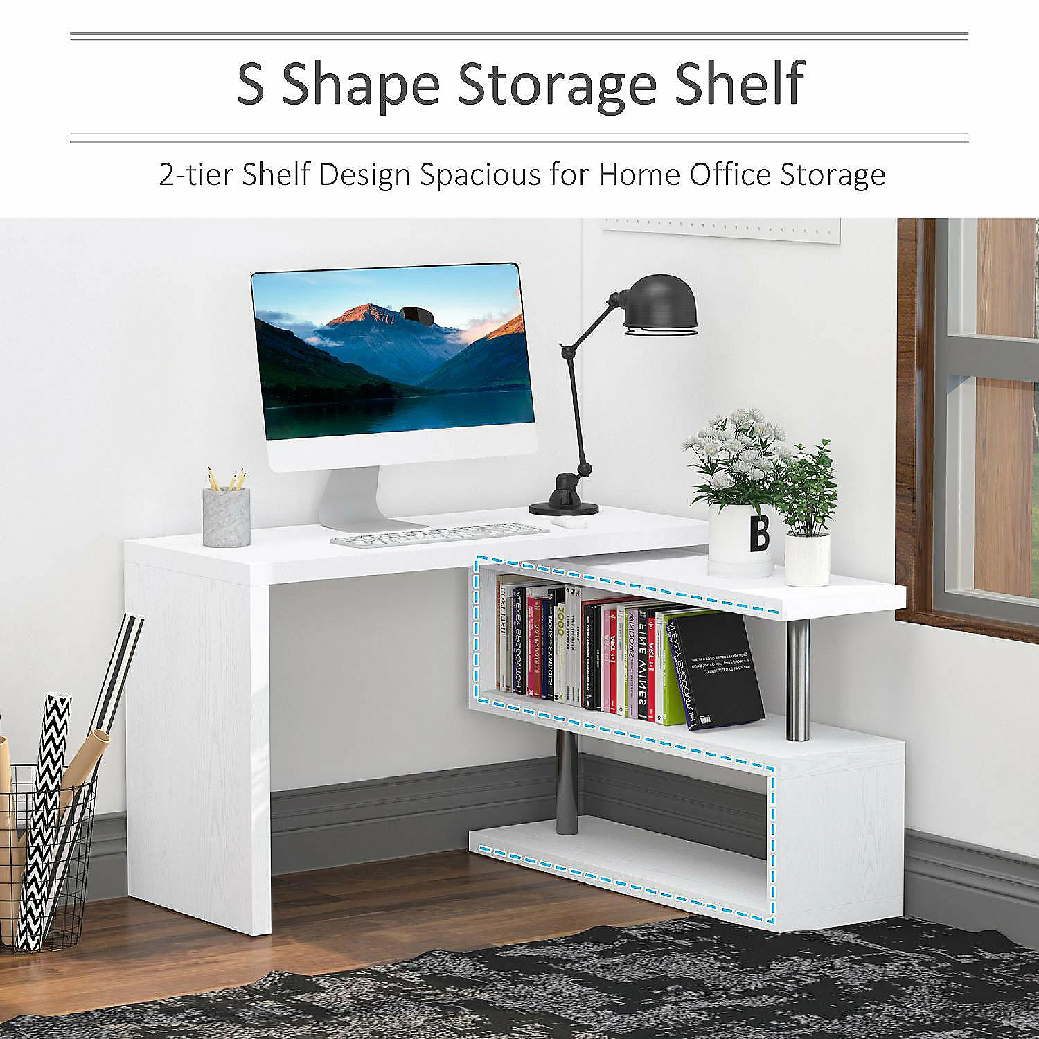 Discount 🤩 HOMCOM 360 degree Rotating Corner Computer Desk Modern L Shaped Home Office Workstation with 2 Storage Shelves Bookshelf White 👍 6 Discount 🤩 HOMCOM 360 degree Rotating Corner Computer Desk Modern L Shaped Home Office Workstation with 2 Storage Shelves Bookshelf White 👍 - Image 4