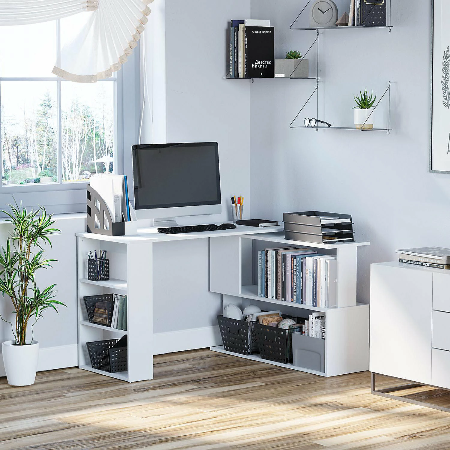 Hot Sale 🧨 HOMCOM 360 degree Rotating Home Office Desk L Shaped Corner Computer Desk with Storage Shelves Writing Table Workstation White 🤩 4 Hot Sale 🧨 HOMCOM 360 degree Rotating Home Office Desk L Shaped Corner Computer Desk with Storage Shelves Writing Table Workstation White 🤩 - Image 2