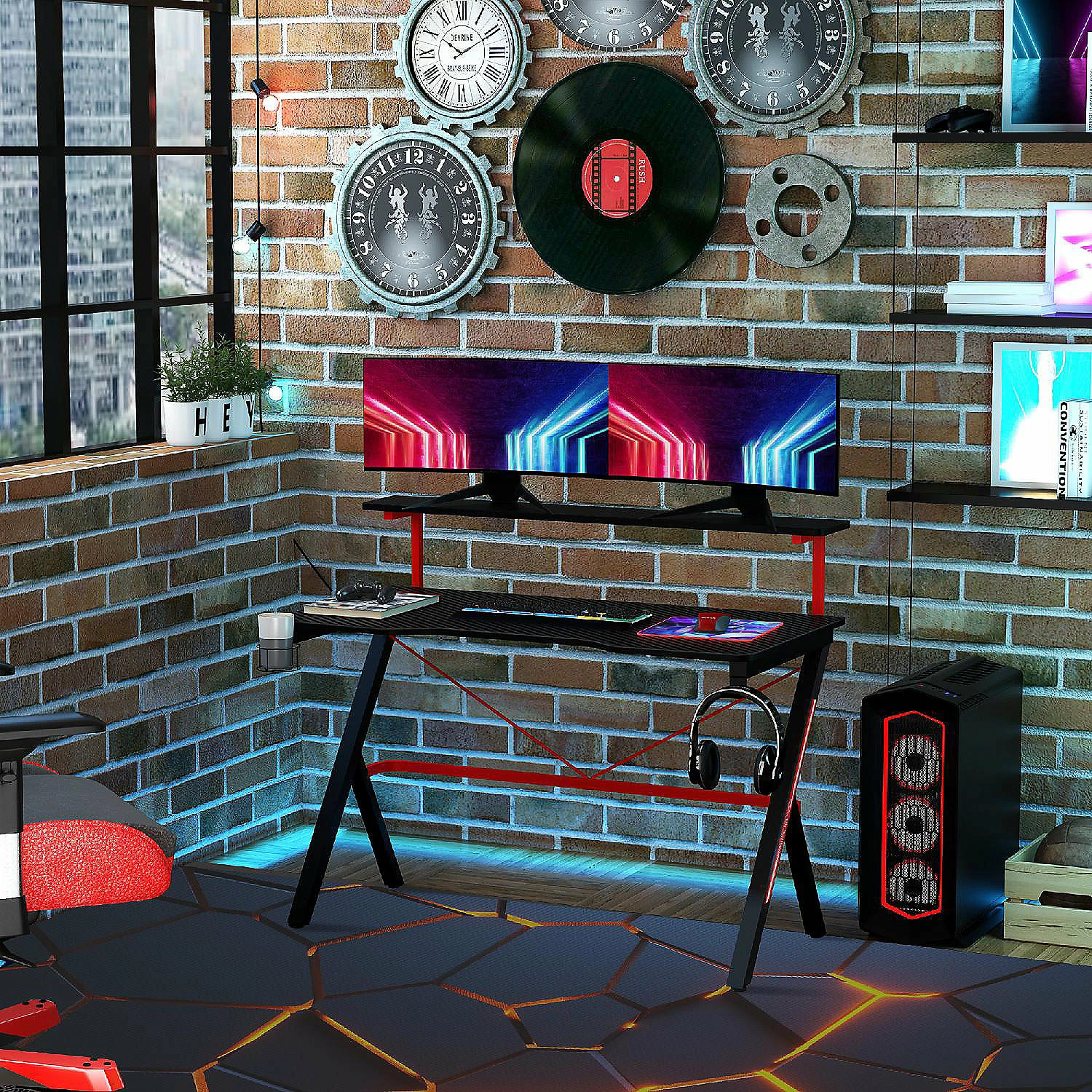 Deals โญ HOMCOM 47 Inch Gaming Desk Racing Computer Desk Home Office Workstation with Elevated Monitor Shelf Rotatable Cup Holder Headphone Hook Black ๐ 5 Deals โญ HOMCOM 47 Inch Gaming Desk Racing Computer Desk Home Office Workstation with Elevated Monitor Shelf Rotatable Cup Holder Headphone Hook Black ๐ - Image 3