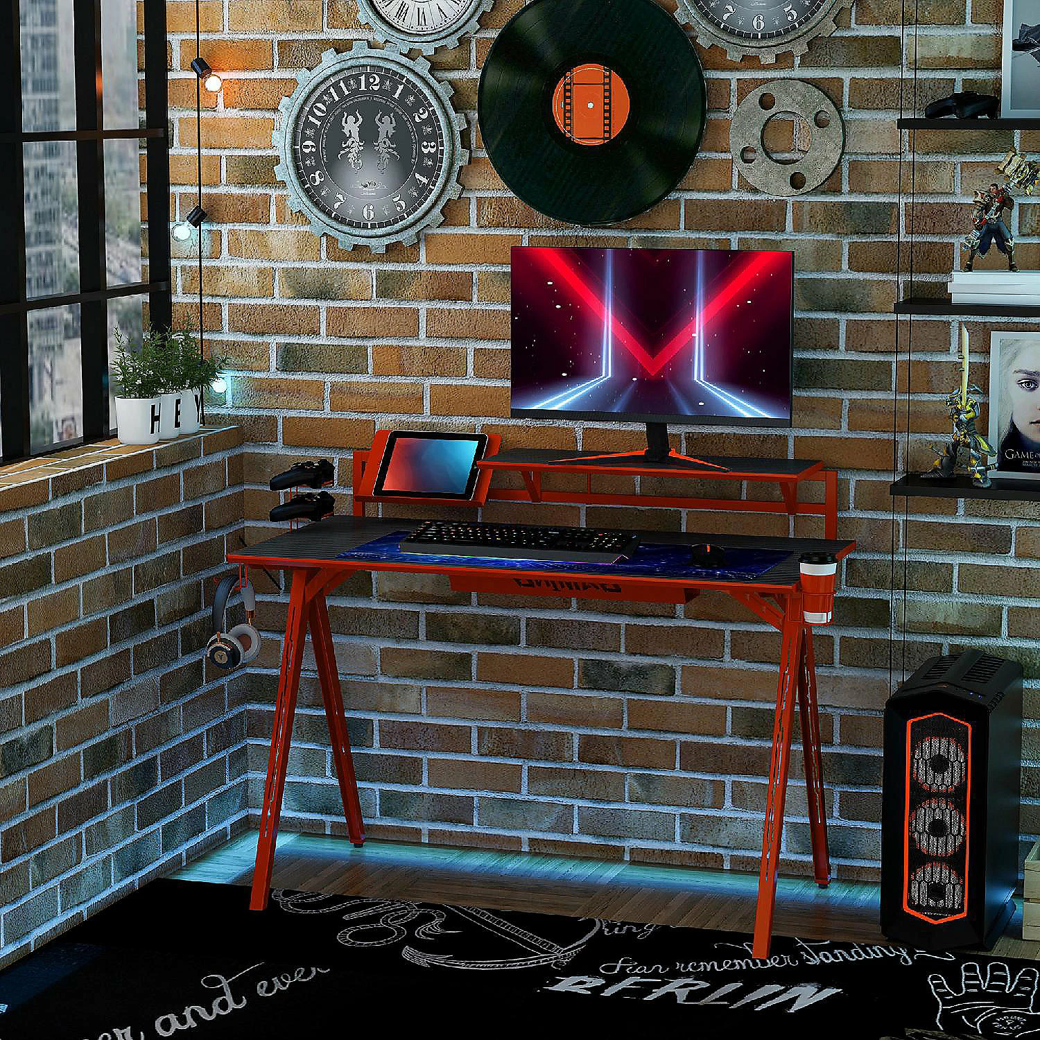 Hot Sale ❤️ HOMCOM 53" Gaming Desk Gamer Workstation with Monitor Shelf Gamepad Rack Cup Holder Headphone Hook and Cable Basket Red ⭐ 4 Hot Sale ❤️ HOMCOM 53" Gaming Desk Gamer Workstation with Monitor Shelf Gamepad Rack Cup Holder Headphone Hook and Cable Basket Red ⭐ - Image 2