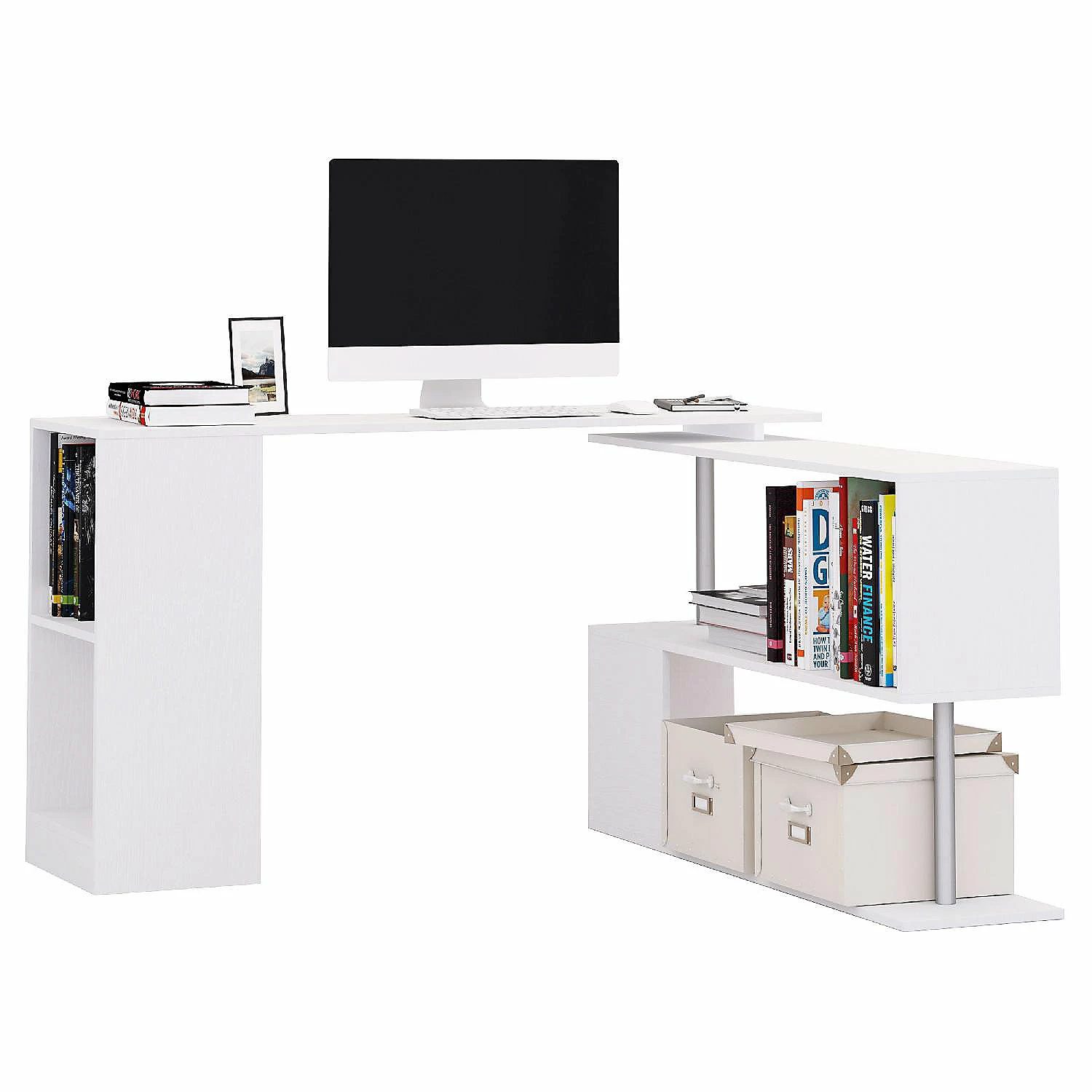 Best Sale ✨ HOMCOM 55" 360 degree Rotating Corner Computer Desk Modern L Shaped Home Office Workstation with 3 Tier Storage Shelves Bookshelf White 🥰 4 Best Sale ✨ HOMCOM 55" 360 degree Rotating Corner Computer Desk Modern L Shaped Home Office Workstation with 3 Tier Storage Shelves Bookshelf White 🥰 - Image 2