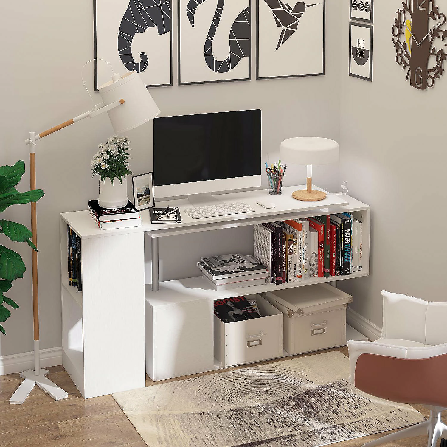 Best Sale ✨ HOMCOM 55" 360 degree Rotating Corner Computer Desk Modern L Shaped Home Office Workstation with 3 Tier Storage Shelves Bookshelf White 🥰 5 Best Sale ✨ HOMCOM 55" 360 degree Rotating Corner Computer Desk Modern L Shaped Home Office Workstation with 3 Tier Storage Shelves Bookshelf White 🥰 - Image 3