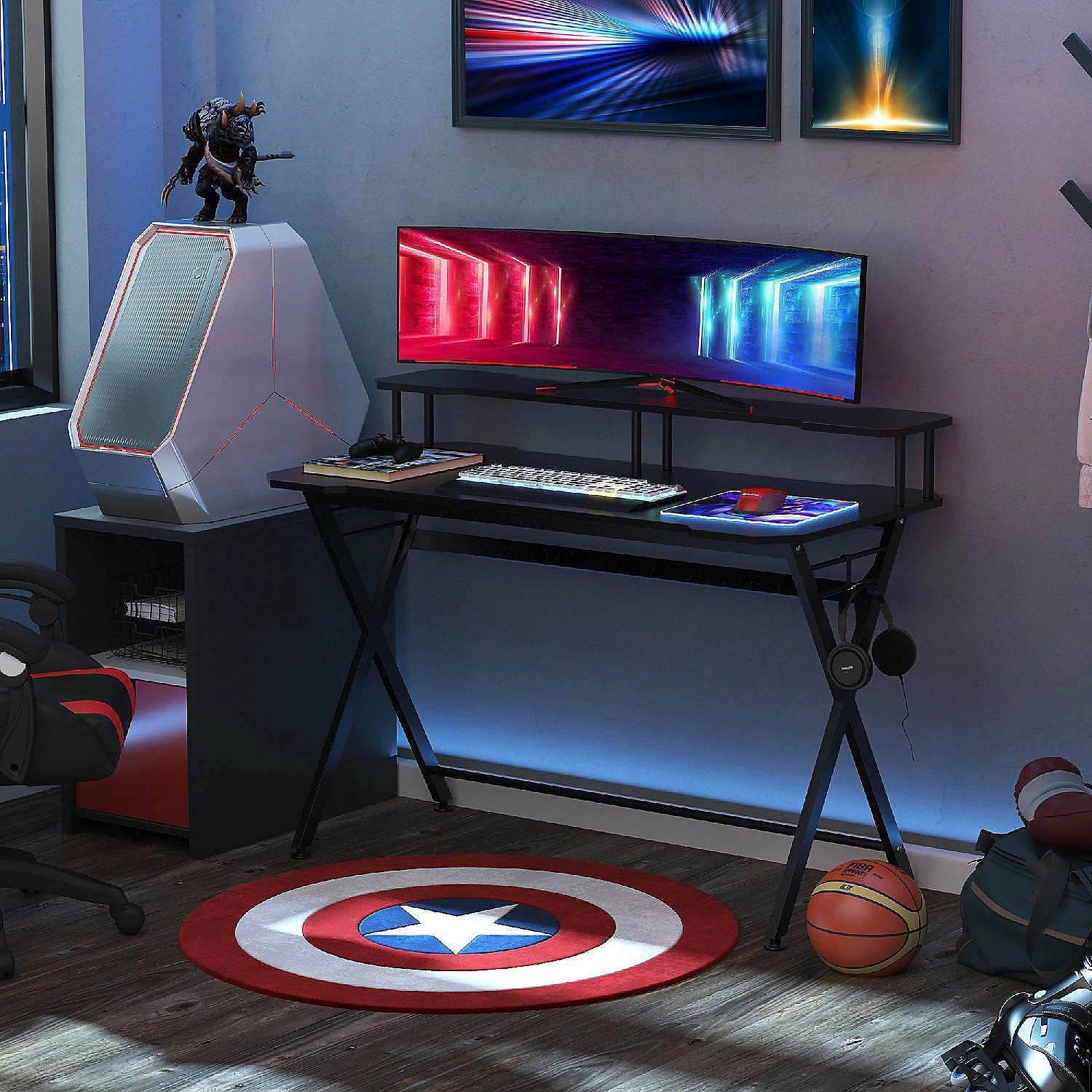 Wholesale ✨ HOMCOM 55 inch Gaming Desk Racing Style Computer Office PC Gamer Workstation with Elevated Monitor Stand Headphone Hook Black 🛒 4 Wholesale ✨ HOMCOM 55 inch Gaming Desk Racing Style Computer Office PC Gamer Workstation with Elevated Monitor Stand Headphone Hook Black 🛒 - Image 2