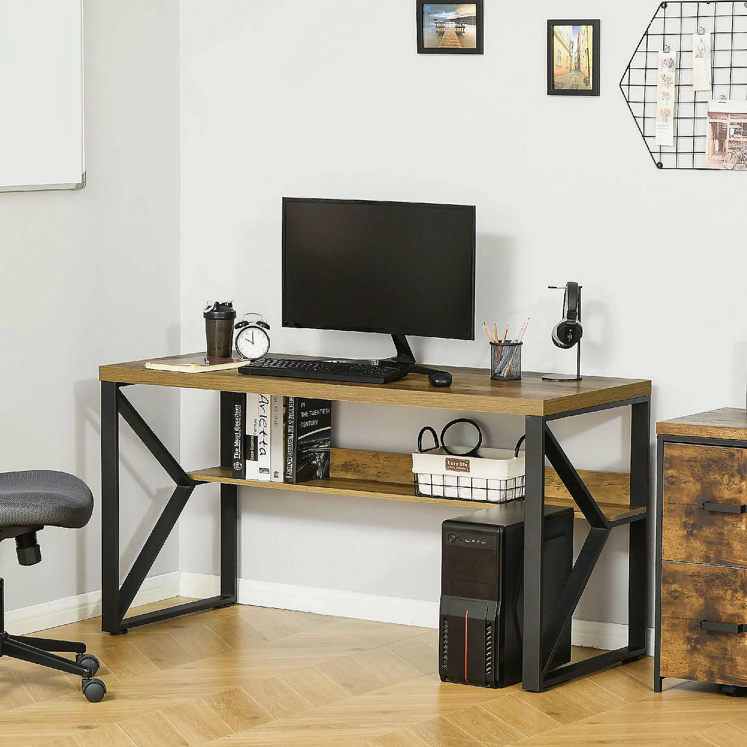 Best Sale ๐ HOMCOM 55 Inch Industrial Writing Desk with L Shaped Under Desk Shelf K Shaped Steel Frame and Adjustable Footpads for Stability Black/Brown ๐ 4 Best Sale ๐ HOMCOM 55 Inch Industrial Writing Desk with L Shaped Under Desk Shelf K Shaped Steel Frame and Adjustable Footpads for Stability Black/Brown ๐ - Image 2