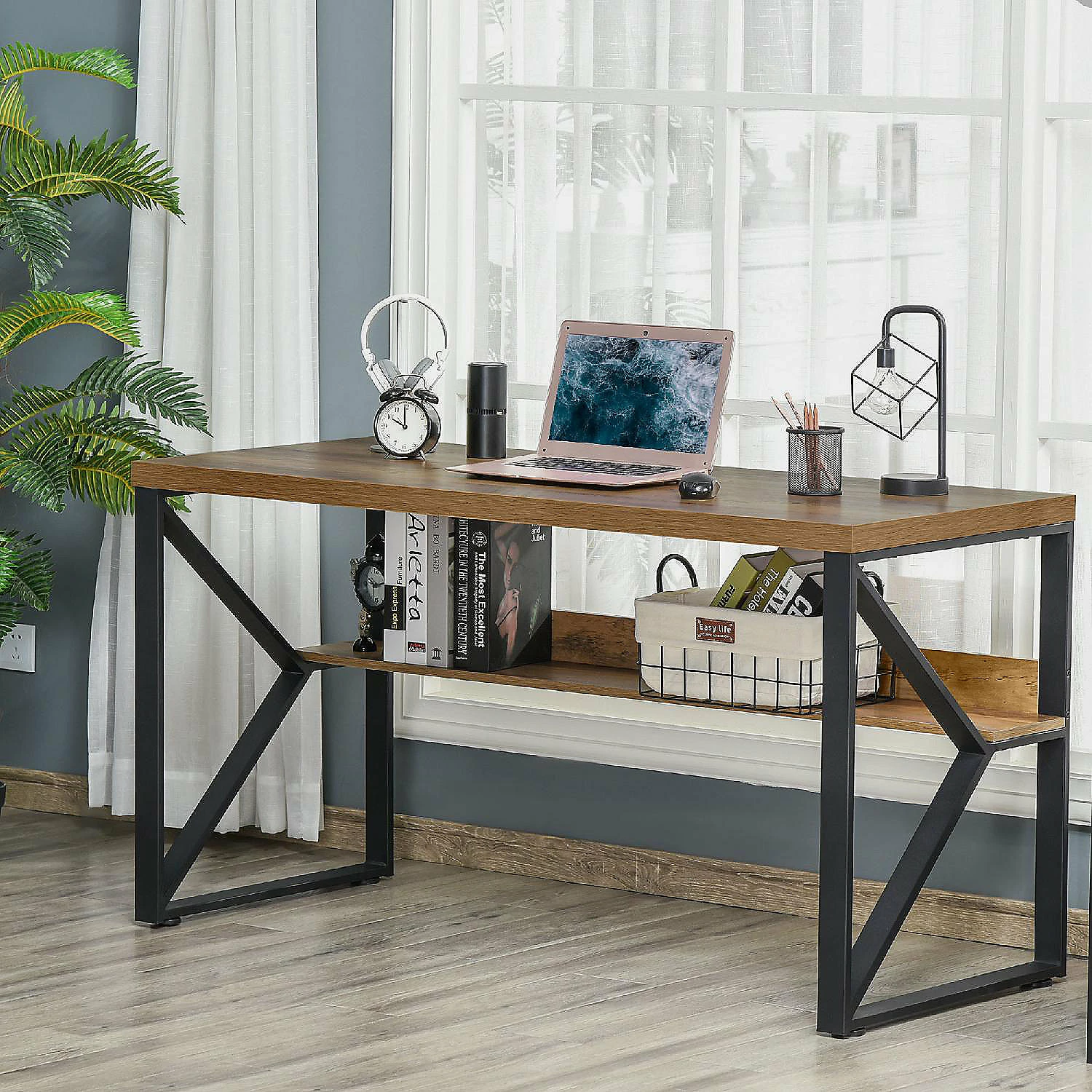 Best Sale ๐ HOMCOM 55 Inch Industrial Writing Desk with L Shaped Under Desk Shelf K Shaped Steel Frame and Adjustable Footpads for Stability Black/Brown ๐ 5 Best Sale ๐ HOMCOM 55 Inch Industrial Writing Desk with L Shaped Under Desk Shelf K Shaped Steel Frame and Adjustable Footpads for Stability Black/Brown ๐ - Image 3