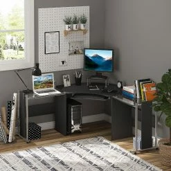 Best deal 🧨 HOMCOM 69" Modern L Shaped Tempered Glass Office Computer Desk with Elevated Monitor Stand Rolling CPU Holder Pull Out Keyboard Tray and Steel Frame Black 🔔 -BTSE Shop homcom 69 modern l shaped tempered glass office computer desk with elevated monitor stand rolling cpu holder pull out keyboard tray and steel frame black14225260 a02NOWA