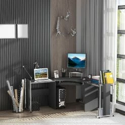 Best deal 🧨 HOMCOM 69" Modern L Shaped Tempered Glass Office Computer Desk with Elevated Monitor Stand Rolling CPU Holder Pull Out Keyboard Tray and Steel Frame Black 🔔 -BTSE Shop homcom 69 modern l shaped tempered glass office computer desk with elevated monitor stand rolling cpu holder pull out keyboard tray and steel frame black14225260 a03NOWA