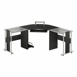Best deal ๐งจ HOMCOM 69" Modern L Shaped Tempered Glass Office Computer Desk with Elevated Monitor Stand Rolling CPU Holder Pull Out Keyboard Tray and Steel Frame Black ๐