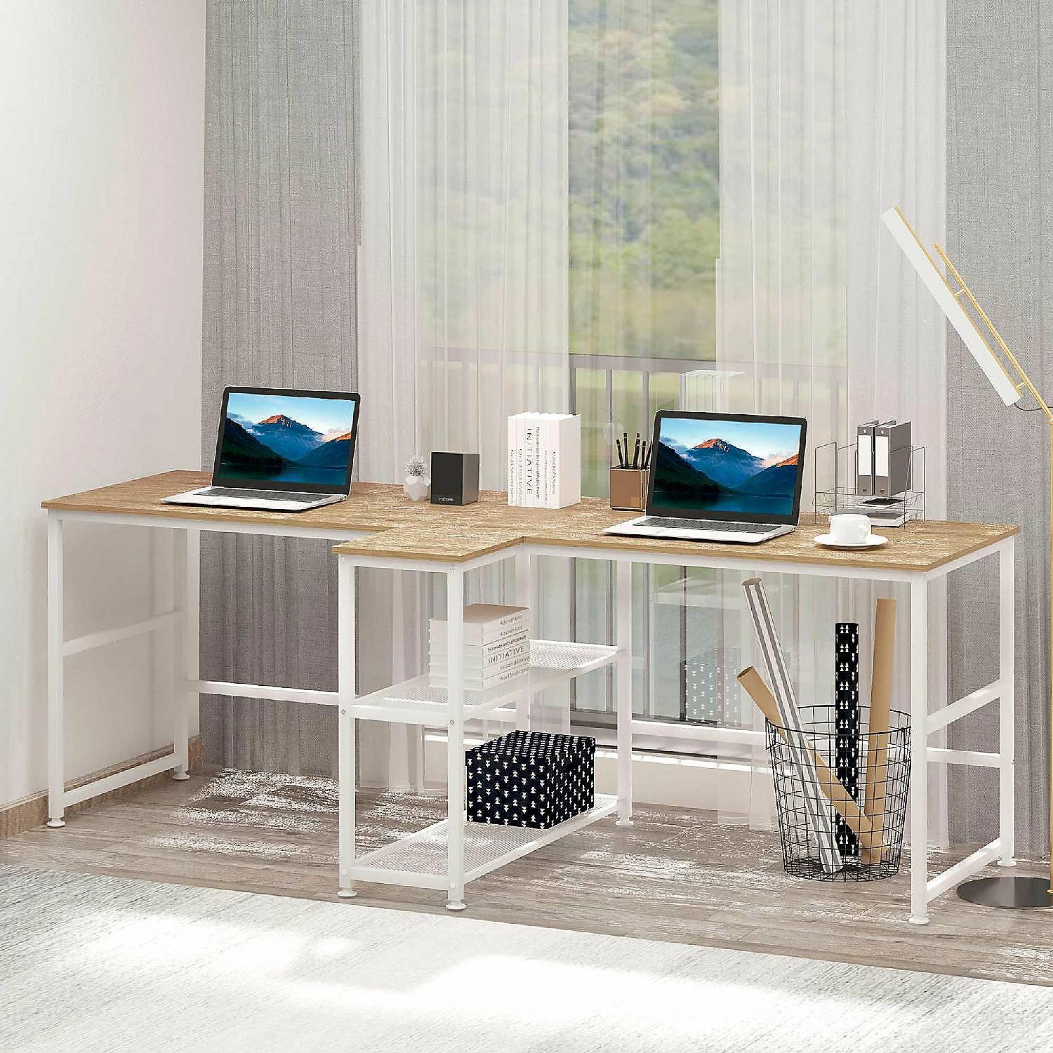 Coupon ✨ HOMCOM 83" Two Person Computer Desk with 2 Storage Shelves Double Desk Workstation with Book Shelf Long Desk Table for Home Office Natural 👏 6 Coupon ✨ HOMCOM 83" Two Person Computer Desk with 2 Storage Shelves Double Desk Workstation with Book Shelf Long Desk Table for Home Office Natural 👏 - Image 4