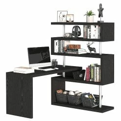 Promo 🛒 HOMCOM 94" 4 Tier Rotating Versatile L Shaped Computer Desk Writing Table with Display Shelves and Steel Frame Black 😍