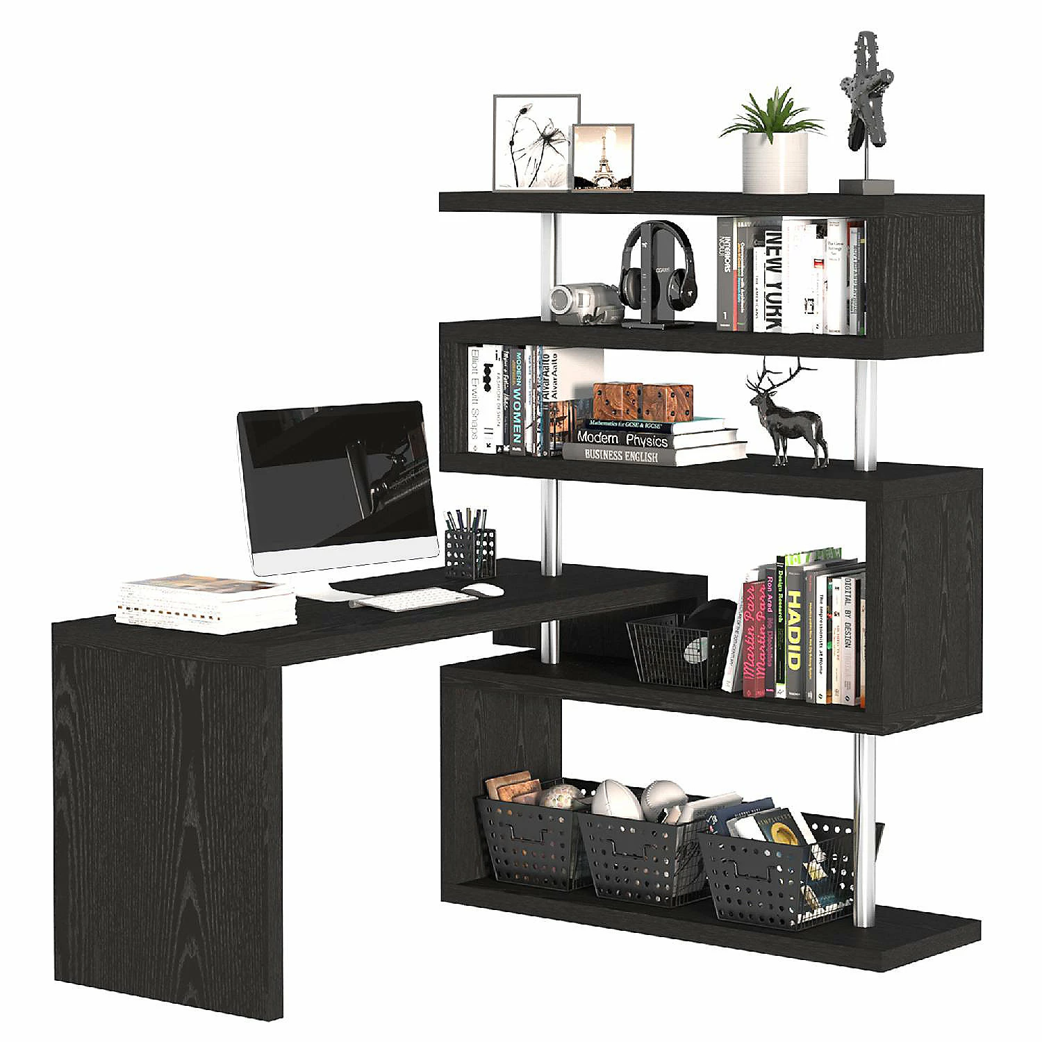 Promo ๐ HOMCOM 94" 4 Tier Rotating Versatile L Shaped Computer Desk Writing Table with Display Shelves and Steel Frame Black ๐ 3 Promo ๐ HOMCOM 94" 4 Tier Rotating Versatile L Shaped Computer Desk Writing Table with Display Shelves and Steel Frame Black ๐