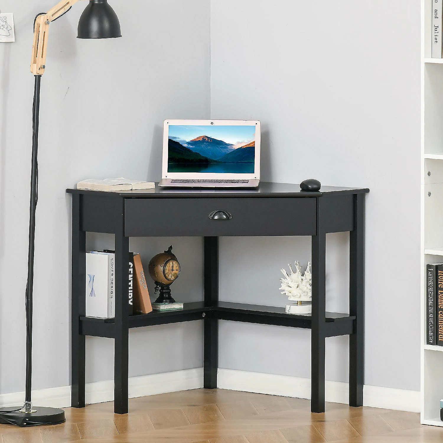 Wholesale ⭐ HOMCOM Corner Desk Triangle Computer Desk with Drawer and Storage Shelves for Small Space Home Office Workstation for Living Room Bedroom Black 🎉 6 Wholesale ⭐ HOMCOM Corner Desk Triangle Computer Desk with Drawer and Storage Shelves for Small Space Home Office Workstation for Living Room Bedroom Black 🎉 - Image 4
