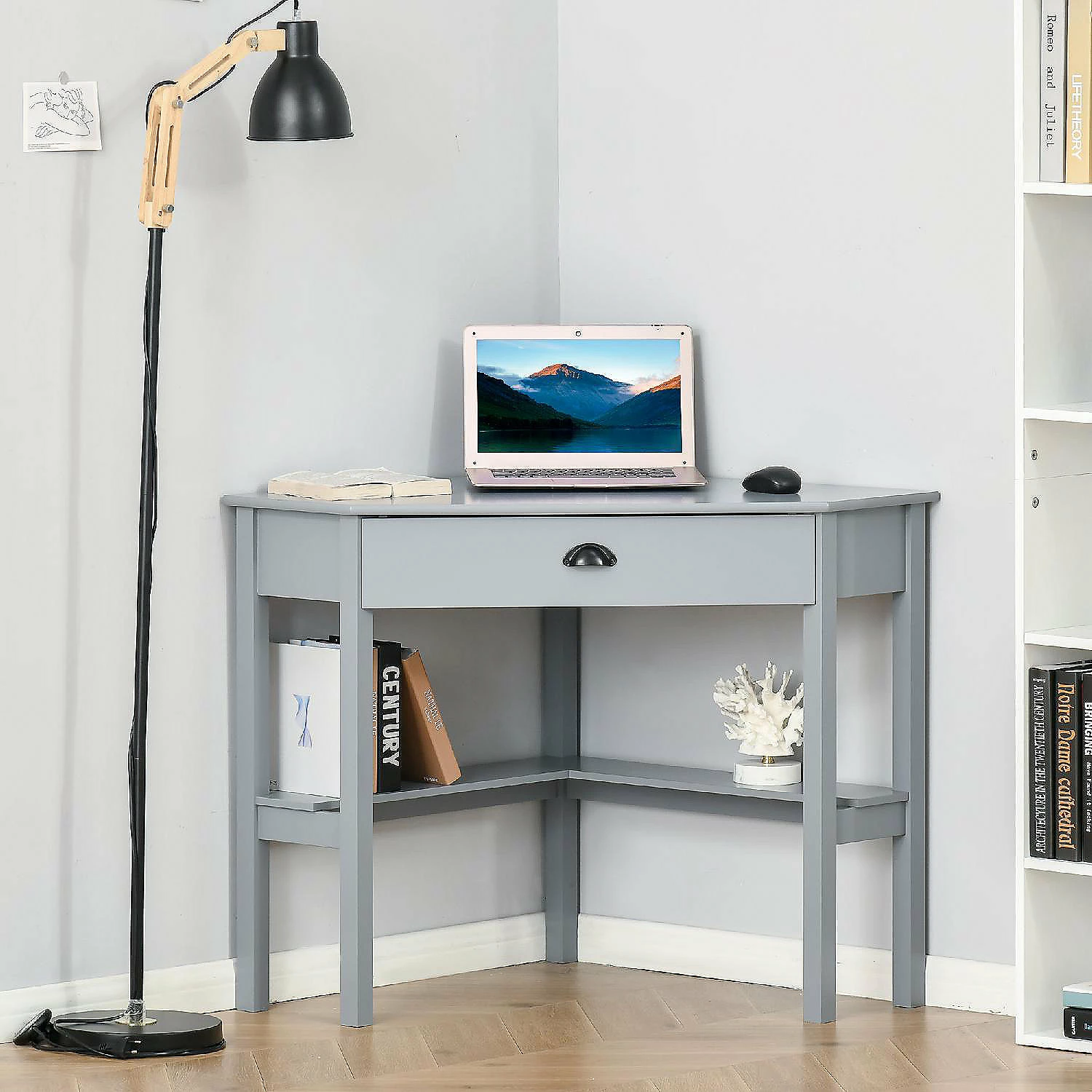 Deals ๐ฅ HOMCOM Corner Desk Triangle Computer Desk with Drawer and Storage Shelves for Small Space Home Office Workstation for Living Room Bedroom Grey โ 5 Deals ๐ฅ HOMCOM Corner Desk Triangle Computer Desk with Drawer and Storage Shelves for Small Space Home Office Workstation for Living Room Bedroom Grey โ - Image 3