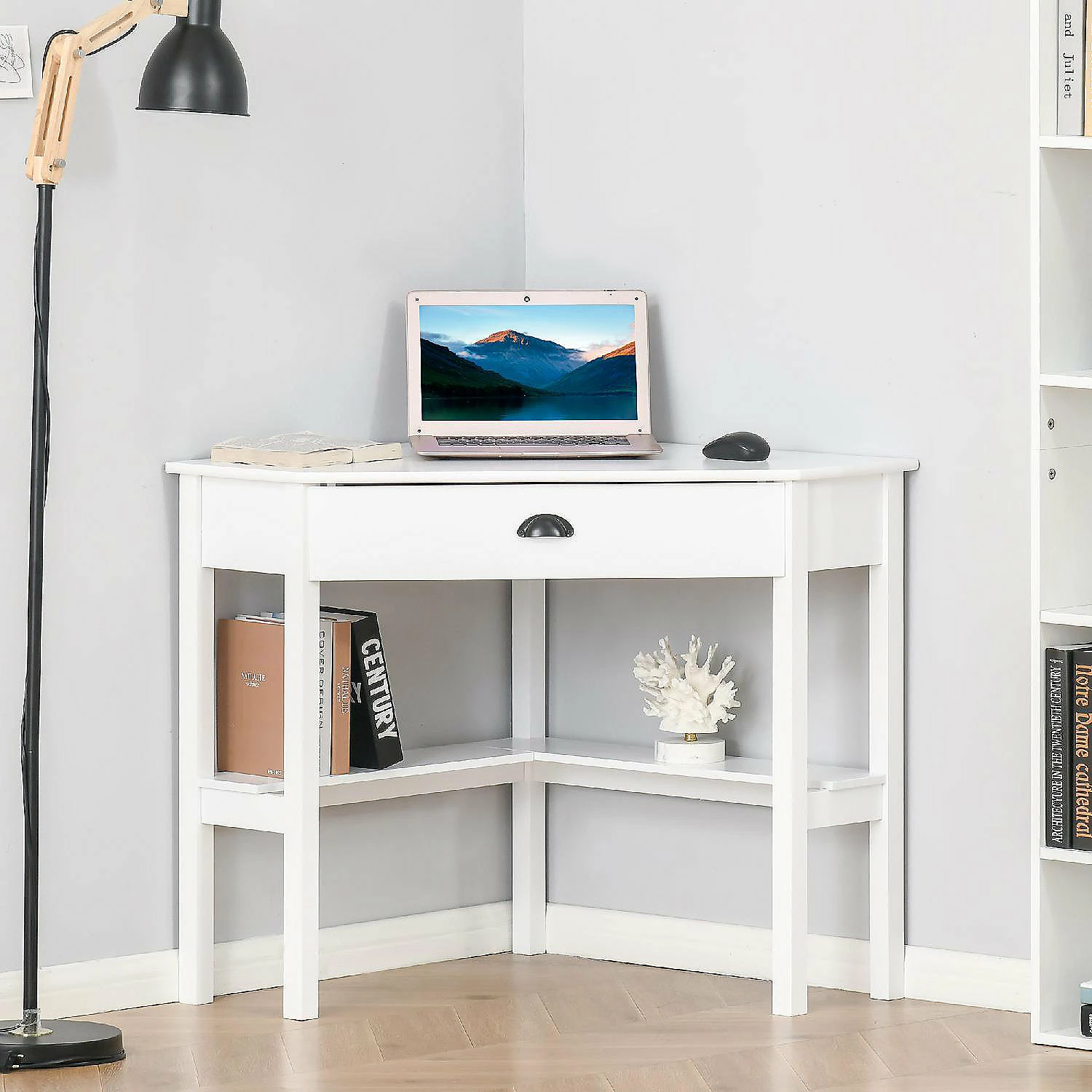 Best deal 🥰 HOMCOM Corner Desk Triangle Computer Desk with Drawer and Storage Shelves for Small Space Home Office Workstation for Living Room Bedroom White 🌟 5 Best deal 🥰 HOMCOM Corner Desk Triangle Computer Desk with Drawer and Storage Shelves for Small Space Home Office Workstation for Living Room Bedroom White 🌟 - Image 3