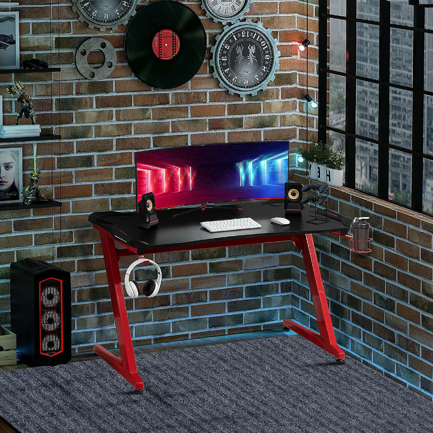 Best Sale ๐ HOMCOM Gaming Desk with Large Tabletop Office Desk with Cup Holder and Headphone Hook Black / Red ๐ 5 Best Sale ๐ HOMCOM Gaming Desk with Large Tabletop Office Desk with Cup Holder and Headphone Hook Black / Red ๐ - Image 3