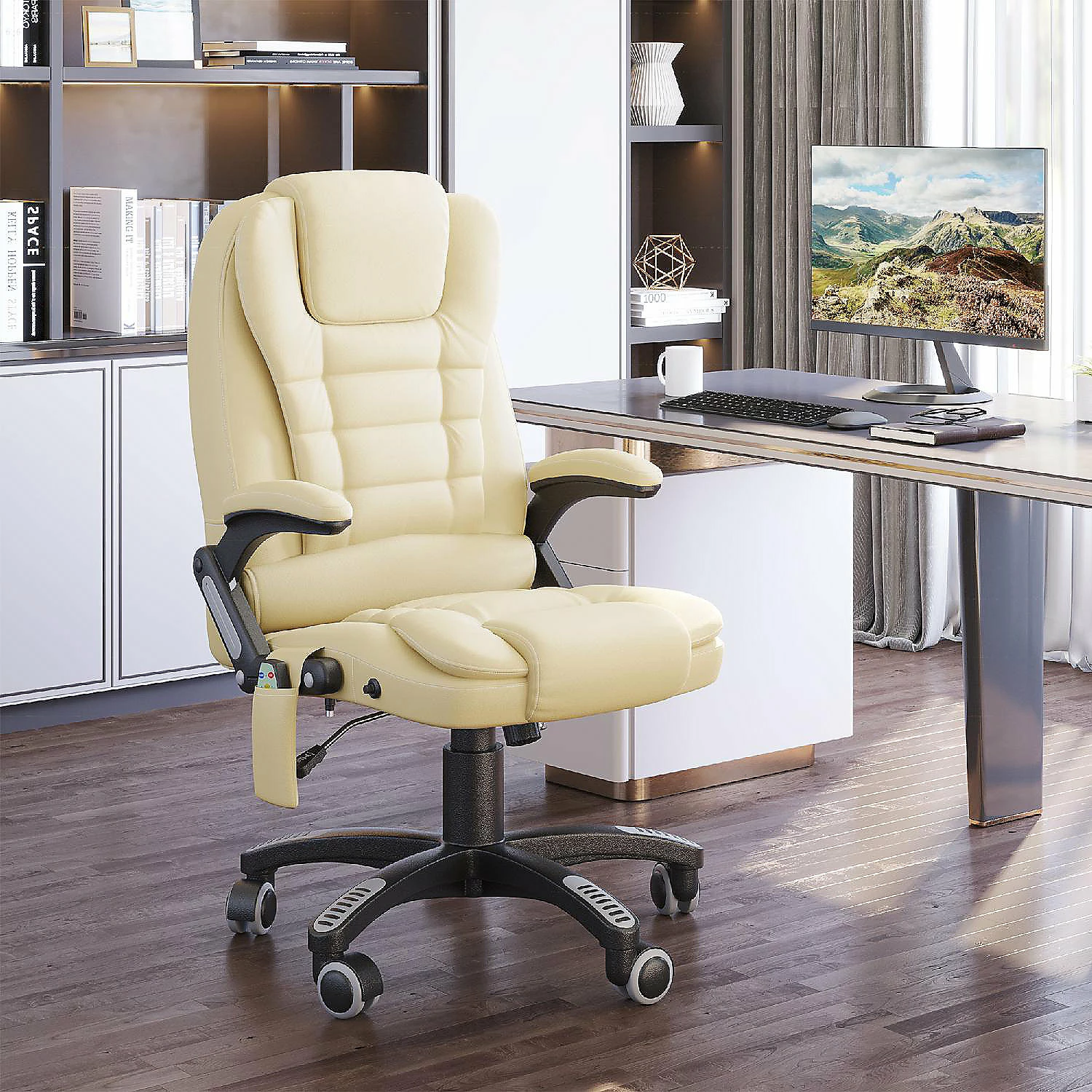 Best Sale ๐ HomCom High Back Executive Massage Office Chair Faux Leather Heated Reclining Desk Chair with 6 Point Vibration Adjustable Height Cream White ๐ 5 Best Sale ๐ HomCom High Back Executive Massage Office Chair Faux Leather Heated Reclining Desk Chair with 6 Point Vibration Adjustable Height Cream White ๐ - Image 3
