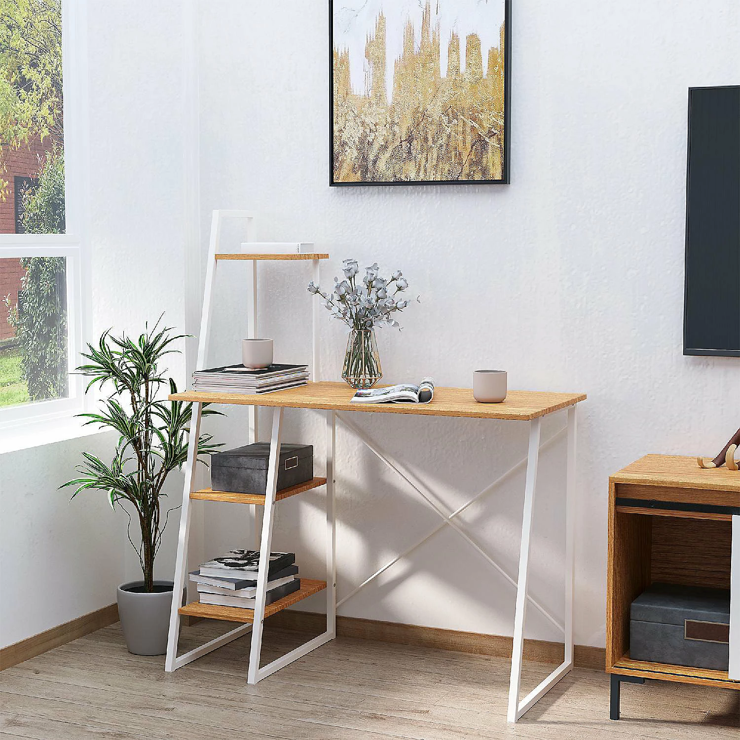 Coupon ๐ HOMCOM Home Office Computer Desk Study Writing Table Workstation with 3 Tier Open Storage Shelves Large Desktop and Metal X Bar Frame Natural/White ๐ 4 Coupon ๐ HOMCOM Home Office Computer Desk Study Writing Table Workstation with 3 Tier Open Storage Shelves Large Desktop and Metal X Bar Frame Natural/White ๐ - Image 2