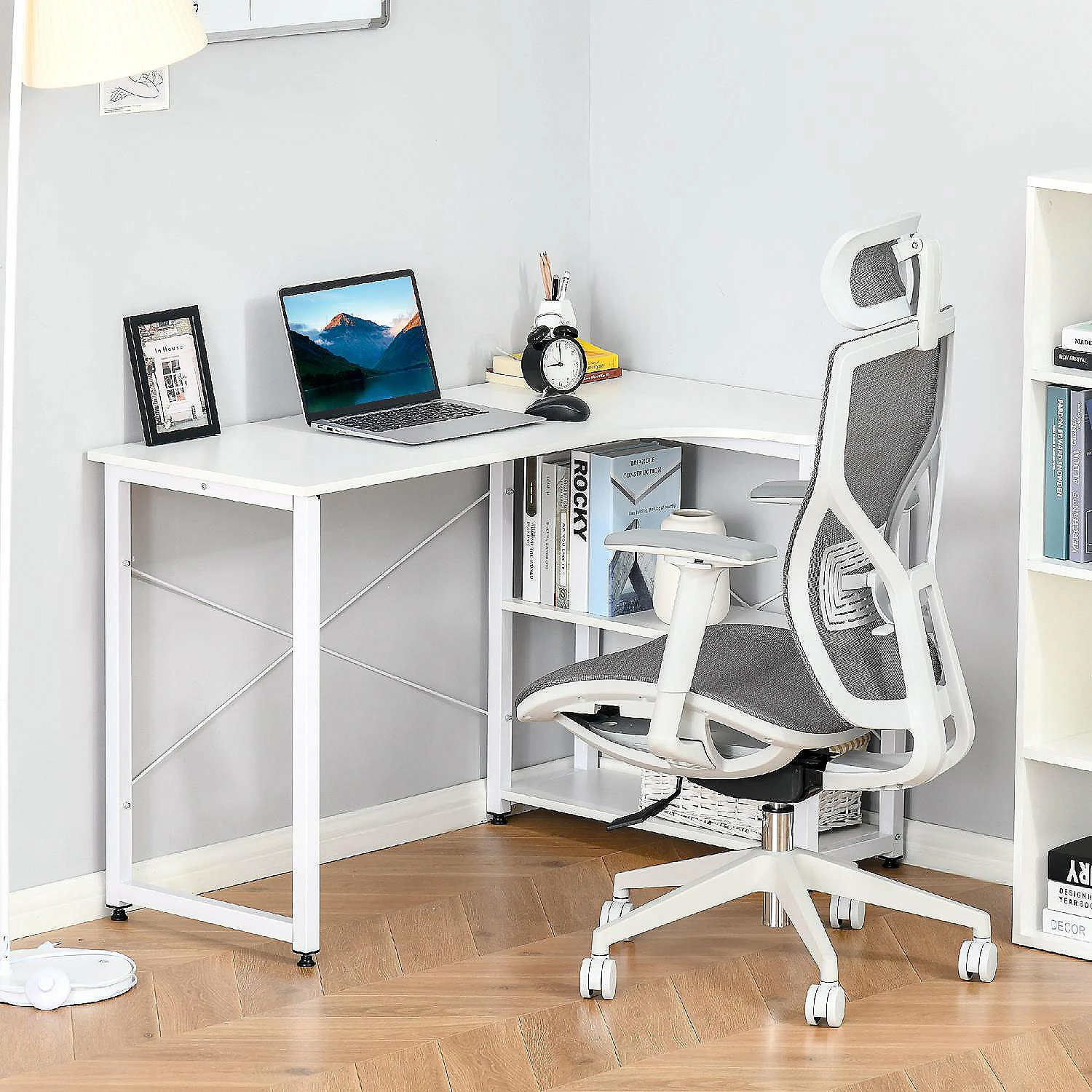 Best deal 😍 HOMCOM L Shaped Computer Desk Home Office Corner Desk Study Workstation Table with with Wide Desktop 2 Side Shelves Steel Frame White 🥰 4 Best deal 😍 HOMCOM L Shaped Computer Desk Home Office Corner Desk Study Workstation Table with with Wide Desktop 2 Side Shelves Steel Frame White 🥰 - Image 2