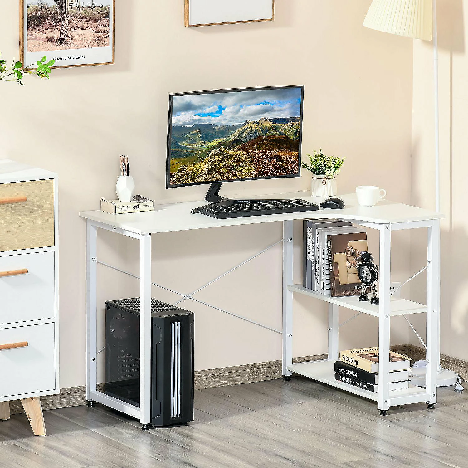 Best deal 😍 HOMCOM L Shaped Computer Desk Home Office Corner Desk Study Workstation Table with with Wide Desktop 2 Side Shelves Steel Frame White 🥰 6 Best deal 😍 HOMCOM L Shaped Computer Desk Home Office Corner Desk Study Workstation Table with with Wide Desktop 2 Side Shelves Steel Frame White 🥰 - Image 4