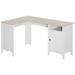 Best reviews of 🛒 HOMCOM L Shaped Computer Desk with Open Shelf and Storage Cabinet Corner Writing Desk with Adjustable Shelf Home Office Workstation Natural Wood and White 🥰