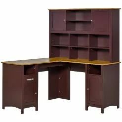 Cheapest 🎉 HOMCOM L Shaped Computer Desk with Storage Shelves Home Office Desk with Drawers and Cabinets Coffee Brown 🧨