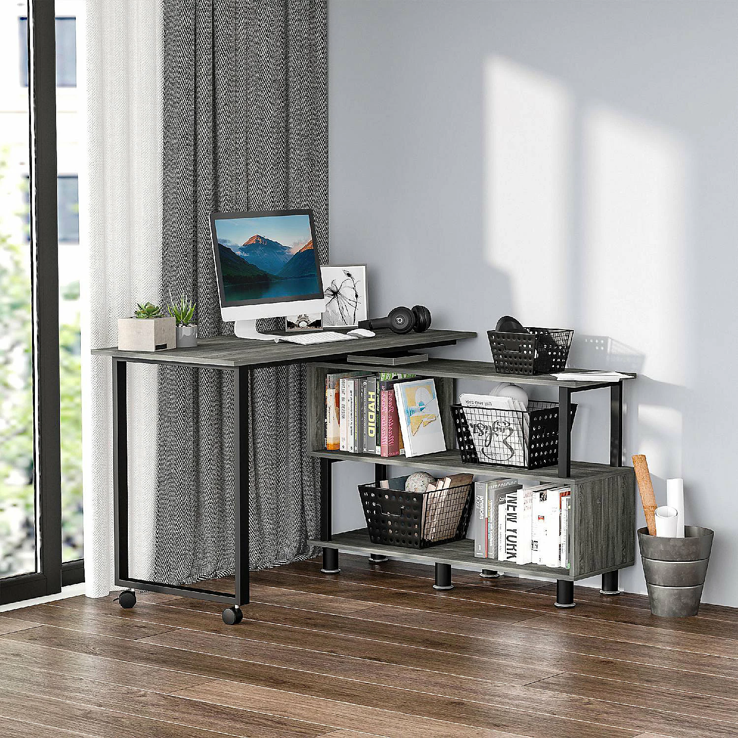 Promo ๐ HOMCOM Mobile L Shaped Rotating Computer Desk with Storage Shelves Moveable Rolling Writing Table Home Office Study Workstation for Home Office Grey โจ 4 Promo ๐ HOMCOM Mobile L Shaped Rotating Computer Desk with Storage Shelves Moveable Rolling Writing Table Home Office Study Workstation for Home Office Grey โจ - Image 2