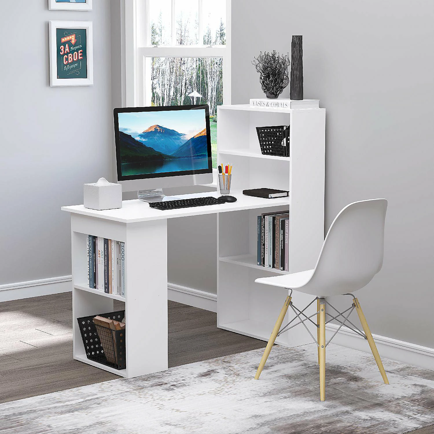 Outlet ❤️ HOMCOM Modern Compact Computer Desk with 6 Tier Storage Shelves Combo Writing Table Workstation with Bookshelf for Home Office White ⌛ 5 Outlet ❤️ HOMCOM Modern Compact Computer Desk with 6 Tier Storage Shelves Combo Writing Table Workstation with Bookshelf for Home Office White ⌛ - Image 3
