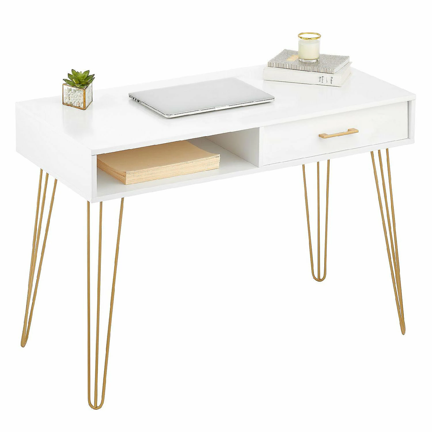 New ๐งจ MDesign Metal/Wood Modern Computer Desk, Simple Desk w/ Drawer, White/Soft Brass ๐ฏ 4 New ๐งจ MDesign Metal/Wood Modern Computer Desk, Simple Desk w/ Drawer, White/Soft Brass ๐ฏ - Image 2