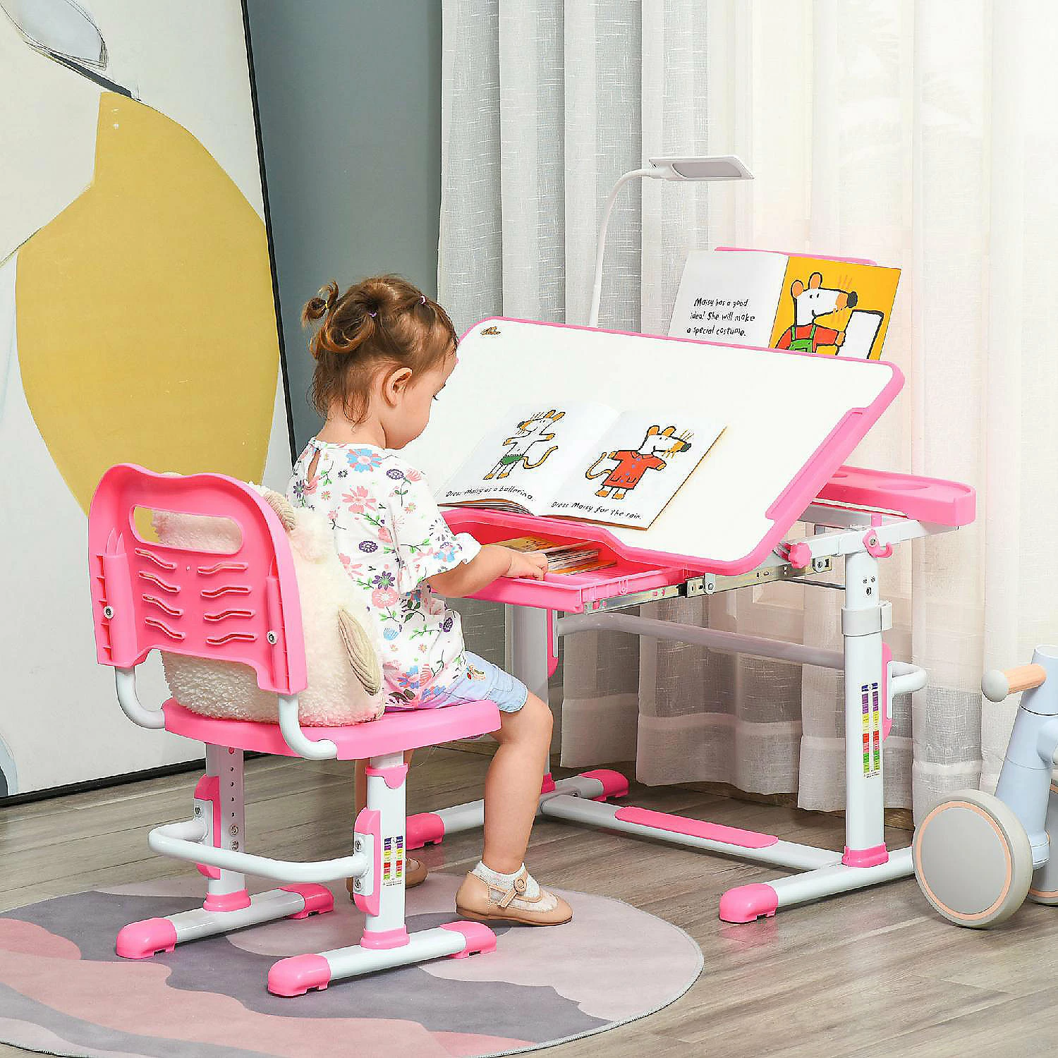 Best Pirce ๐ Qaba Kids Desk and Chair Set Height Adjustable Study Table and Chair with Tilt Desktop LED Lamp Pen Box Drawer Cup Holder and Pen Slots Pink โ 4 Best Pirce ๐ Qaba Kids Desk and Chair Set Height Adjustable Study Table and Chair with Tilt Desktop LED Lamp Pen Box Drawer Cup Holder and Pen Slots Pink โ - Image 2