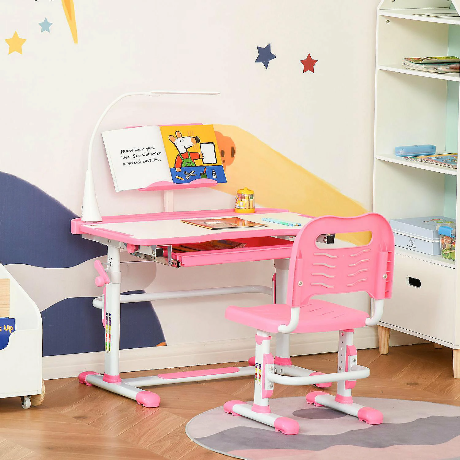 Best Pirce ๐ Qaba Kids Desk and Chair Set Height Adjustable Study Table and Chair with Tilt Desktop LED Lamp Pen Box Drawer Cup Holder and Pen Slots Pink โ 5 Best Pirce ๐ Qaba Kids Desk and Chair Set Height Adjustable Study Table and Chair with Tilt Desktop LED Lamp Pen Box Drawer Cup Holder and Pen Slots Pink โ - Image 3