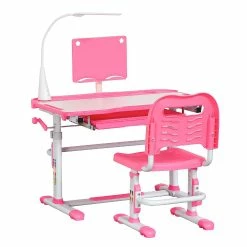 Best Pirce 🛒 Qaba Kids Desk and Chair Set Height Adjustable Study Table and Chair with Tilt Desktop LED Lamp Pen Box Drawer Cup Holder and Pen Slots Pink ⌛