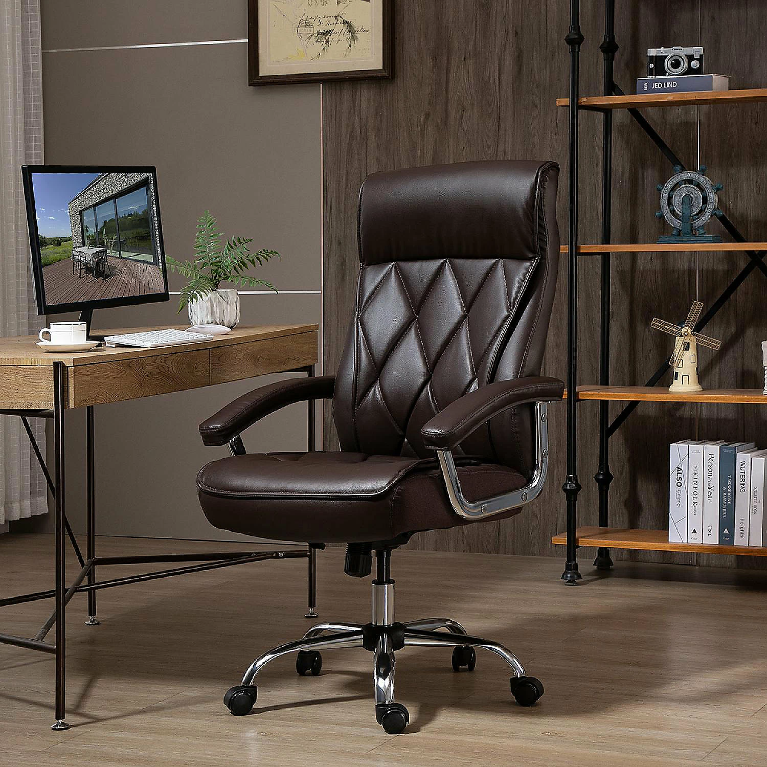 Cheap ✔️ Vinsetto High Back Executive Office Chair Computer Desk Chair Adjustable Ergonomic Home Office Chair Diamond Stitched PU Leather Swivel with Padded Armrests Brown 👏 4 Cheap ✔️ Vinsetto High Back Executive Office Chair Computer Desk Chair Adjustable Ergonomic Home Office Chair Diamond Stitched PU Leather Swivel with Padded Armrests Brown 👏 - Image 2