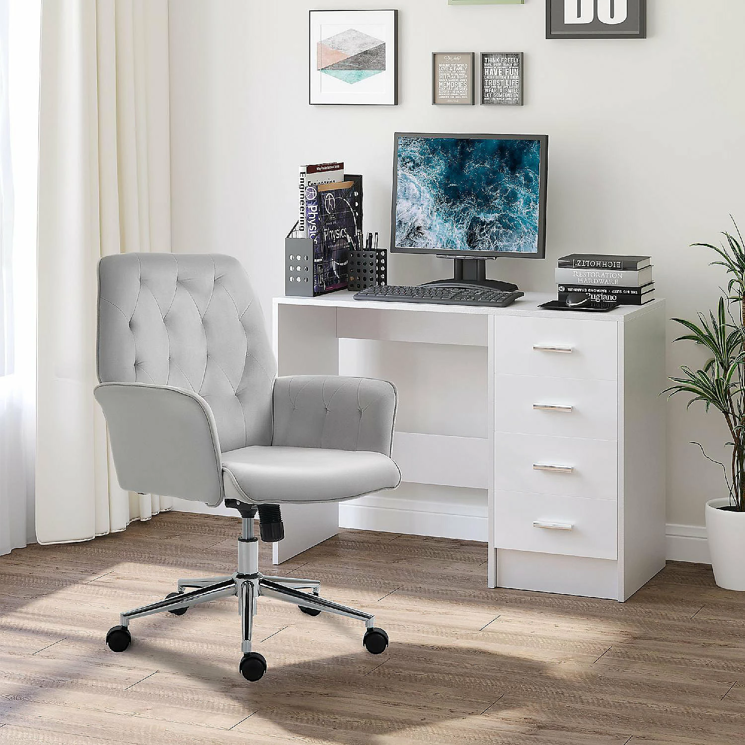 Wholesale β Vinsetto Modern Mid Back Tufted Velvet Fabric Home Office Desk Chair with Adjustable Height Swivel Adjustable Task Chair with Padded Armrests Light Grey π₯ 4 Wholesale β Vinsetto Modern Mid Back Tufted Velvet Fabric Home Office Desk Chair with Adjustable Height Swivel Adjustable Task Chair with Padded Armrests Light Grey π₯ - Image 2