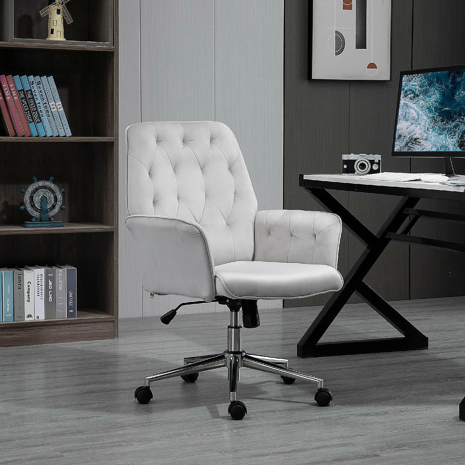 Wholesale β Vinsetto Modern Mid Back Tufted Velvet Fabric Home Office Desk Chair with Adjustable Height Swivel Adjustable Task Chair with Padded Armrests Light Grey π₯ 5 Wholesale β Vinsetto Modern Mid Back Tufted Velvet Fabric Home Office Desk Chair with Adjustable Height Swivel Adjustable Task Chair with Padded Armrests Light Grey π₯ - Image 3