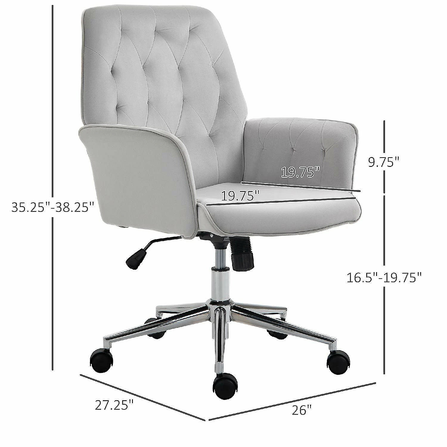 Wholesale β Vinsetto Modern Mid Back Tufted Velvet Fabric Home Office Desk Chair with Adjustable Height Swivel Adjustable Task Chair with Padded Armrests Light Grey π₯ 6 Wholesale β Vinsetto Modern Mid Back Tufted Velvet Fabric Home Office Desk Chair with Adjustable Height Swivel Adjustable Task Chair with Padded Armrests Light Grey π₯ - Image 4