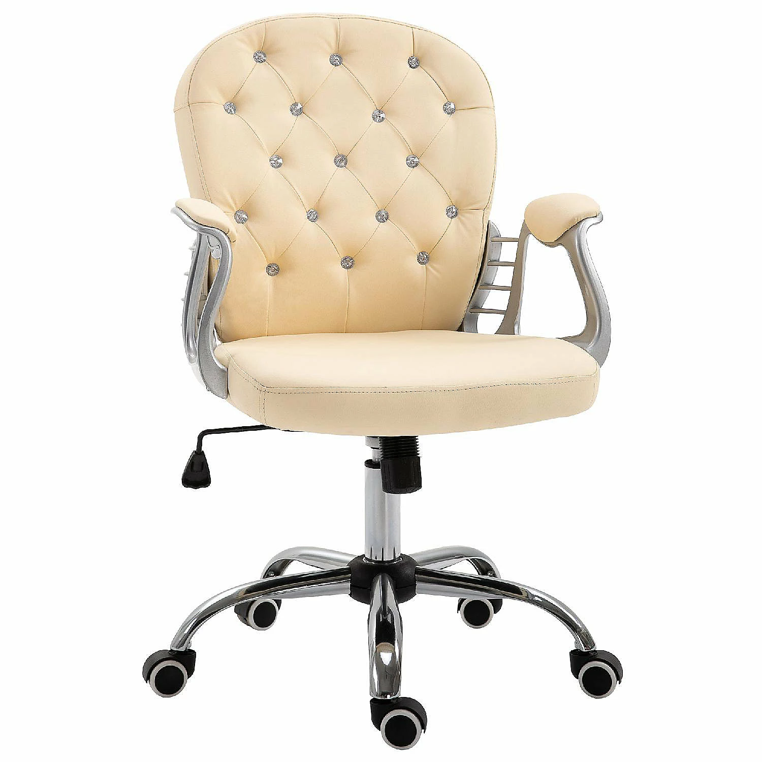 Deals ✔️ Vinsetto Vanity PU Leather Mid Back Office Chair Swivel Tufted Backrest Task Chair with Padded Armrests Adjustable Height Rolling Wheels Beige 🔥 3 Deals ✔️ Vinsetto Vanity PU Leather Mid Back Office Chair Swivel Tufted Backrest Task Chair with Padded Armrests Adjustable Height Rolling Wheels Beige 🔥