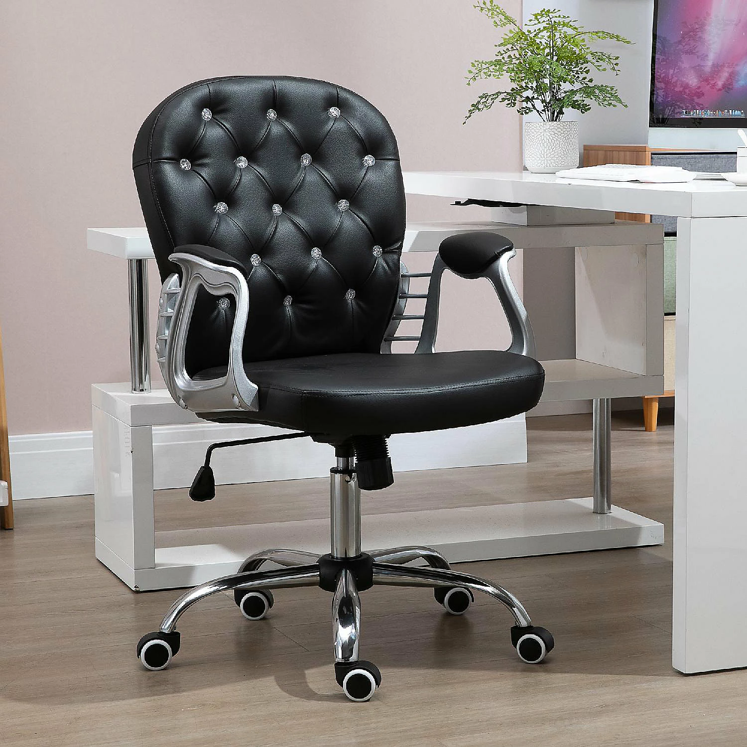 Wholesale ๐ Vinsetto Vanity PU Leather Mid Back Office Chair Swivel Tufted Backrest Task Chair with Padded Armrests Adjustable Height Rolling Wheels Black ๐ 5 Wholesale ๐ Vinsetto Vanity PU Leather Mid Back Office Chair Swivel Tufted Backrest Task Chair with Padded Armrests Adjustable Height Rolling Wheels Black ๐ - Image 3