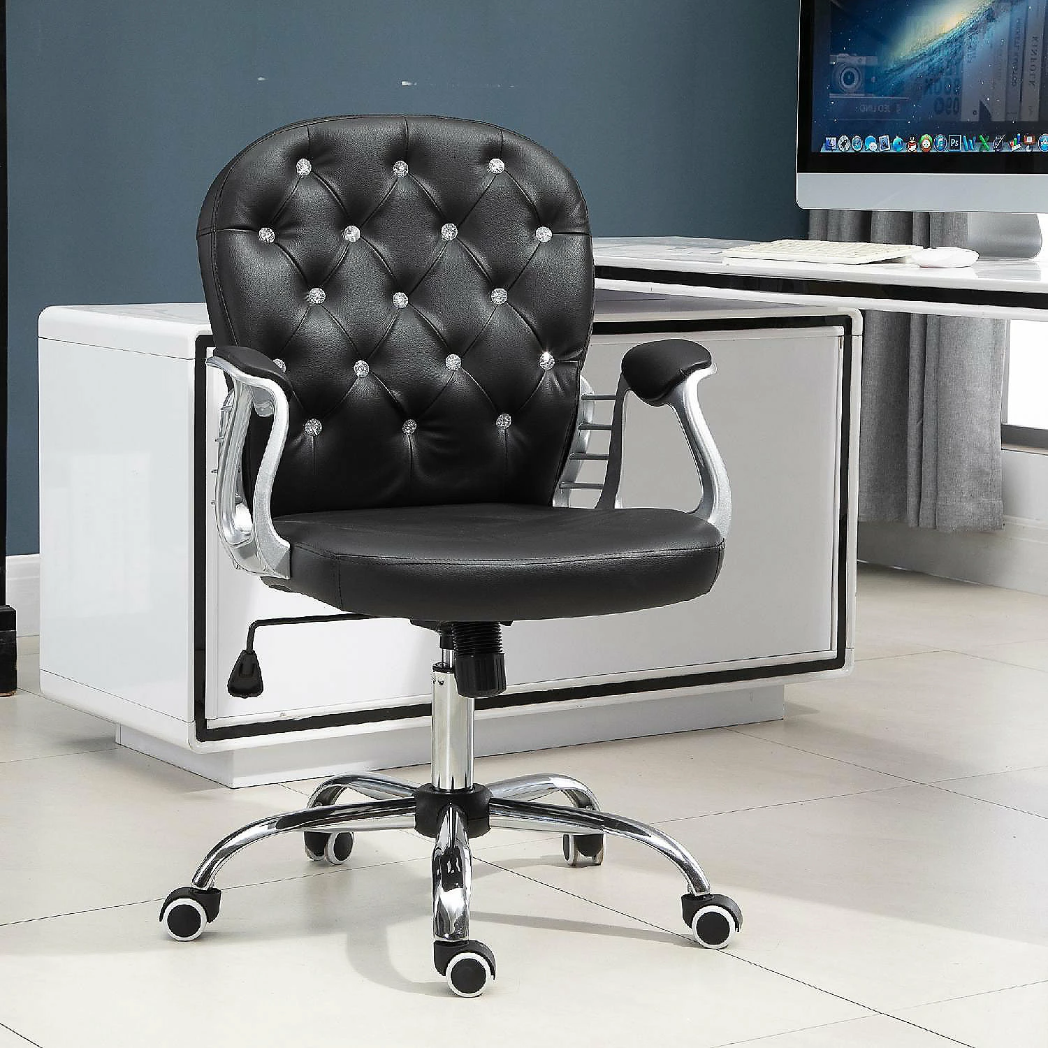 Wholesale ๐ Vinsetto Vanity PU Leather Mid Back Office Chair Swivel Tufted Backrest Task Chair with Padded Armrests Adjustable Height Rolling Wheels Black ๐ 6 Wholesale ๐ Vinsetto Vanity PU Leather Mid Back Office Chair Swivel Tufted Backrest Task Chair with Padded Armrests Adjustable Height Rolling Wheels Black ๐ - Image 4