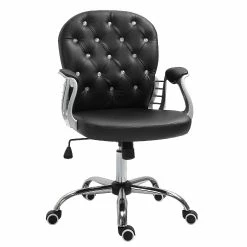 Wholesale 🛒 Vinsetto Vanity PU Leather Mid Back Office Chair Swivel Tufted Backrest Task Chair with Padded Armrests Adjustable Height Rolling Wheels Black 🌟